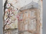 an image of a watercolor painting of a building with a tree in front of it