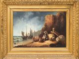 an image of a painting of people on the beach by the water