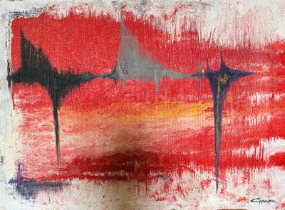 une peinture accrochée au mur d'un immeuble, avec un ciel rouge en arrière-plan