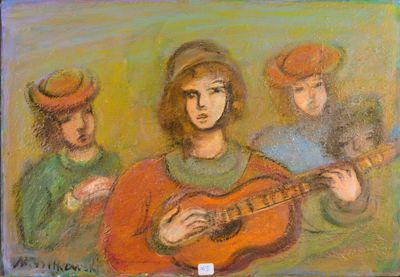 tableau représentant une femme jouant de la guitare en compagnie de trois autres femmes