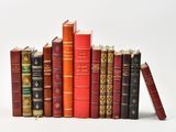 de nombreux livres anciens alignés sur une surface blanche