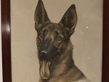 painting of a german shepherd dog in a wooden frame on a wall
