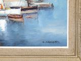 a painting of boats docked at a pier in the water
