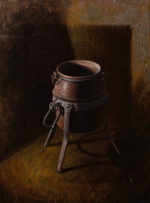 an oil painting of a pot sitting on top of a wooden table