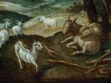 a painting of goats and sheep in a field
