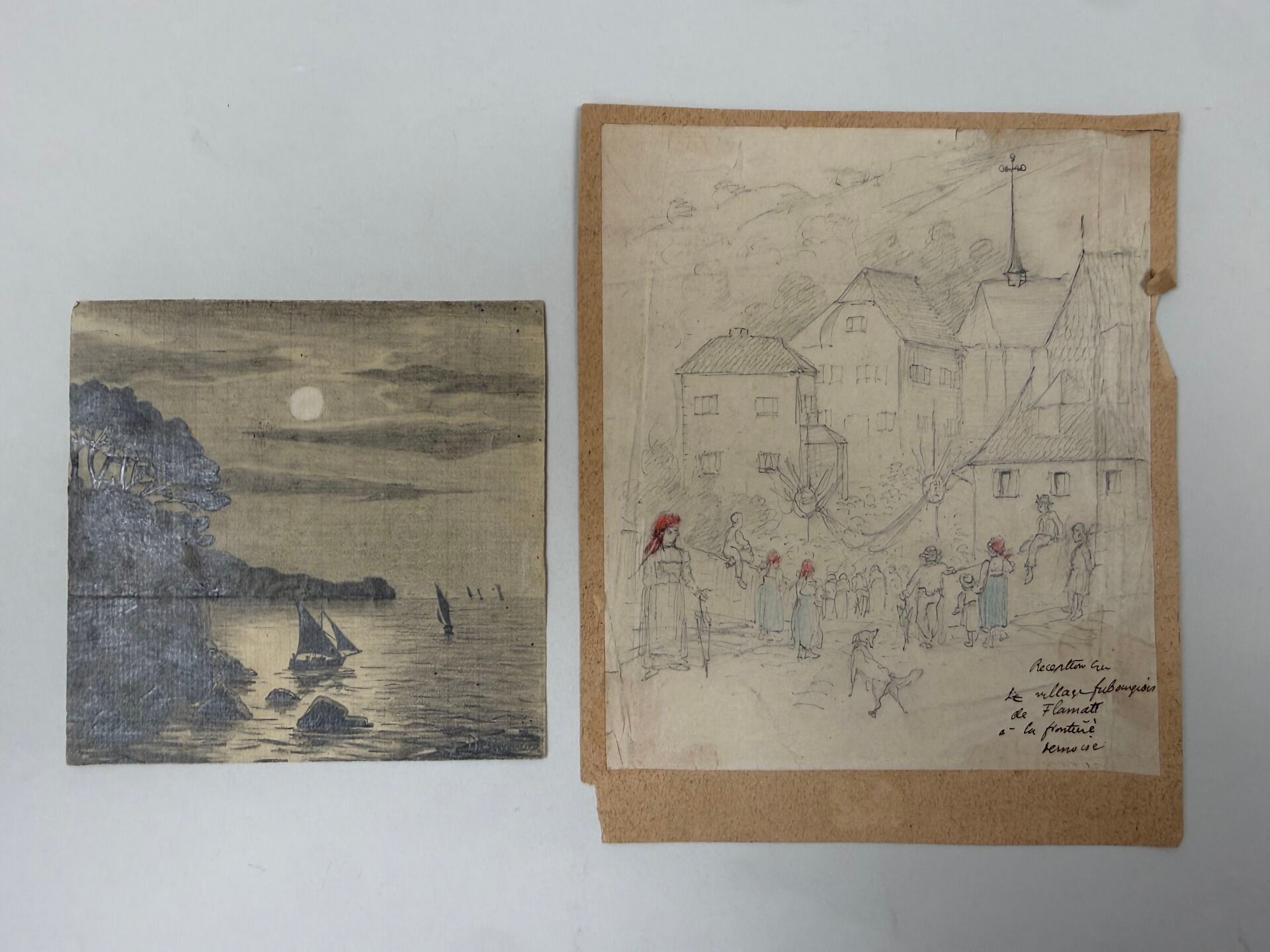 Lot de deux dessins : - Réception au Village de Flamatt (Suisse). Dessin graphite et crayons de couleur. 16,5 x14 cm....