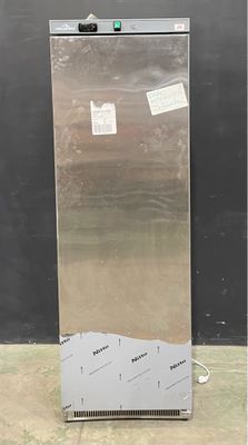 an image of a stainless steel refrigerator with stickers on it