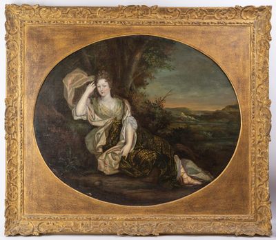 un tableau représentant une femme assise dans un décor boisé