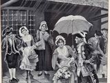 drawing of a group of people standing outside a building with an umbrella