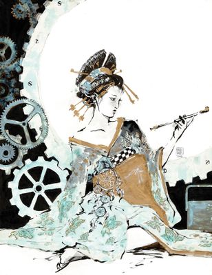 un tableau représentant une femme jouant de la guitare devant une horloge