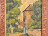 an oil painting of a house in a wooded area