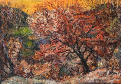 an oil painting of a tree in a field with a mountain in the background