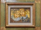 tableau représentant deux femmes avec des fleurs dans les cheveux, dans un cadre doré