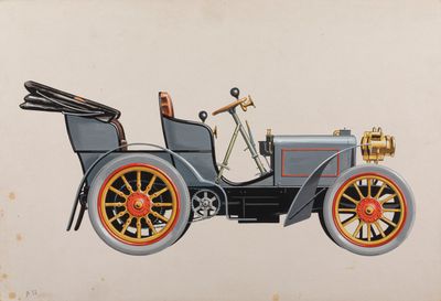 painting of an old car with a man sitting in the driver ' s seat