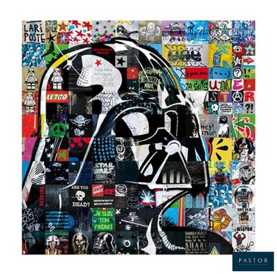 Collage « Star Wars » représentant Dark Vador, orné de divers autocollants