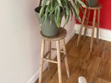 a potted plant sitting on a stool in the corner of a room