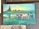 two paintings of cows and a man in a field