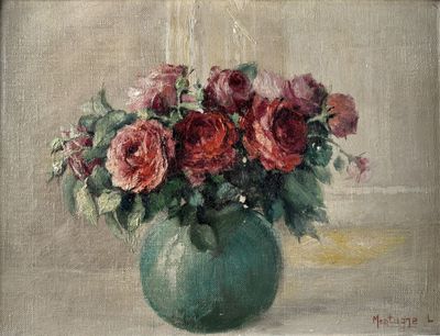 a painting of flowers in a vase on a table