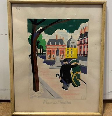 tableau représentant un homme marchant sur un trottoir avec un chien