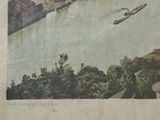 a picture of a painting of a boat going down the river