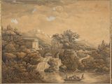 a picture of a painting of a landscape with people on a boat