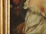 portrait of a woman in a white dress with a red rose in her hand