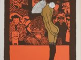 an illustration of a woman with a fan standing in front of a crowd