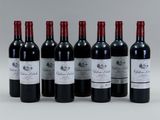 six bottles of red wine lined up in a row