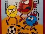 une peinture représentant des « Angry Birds » et un ballon de football, exposée dans une boutique