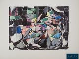 abstract painting of a man riding a bike on a black and white background