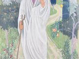 painting of a woman in a white robe holding a stick
