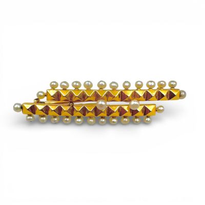 Broche en or jaune (750) ornée de petites perles de culture. - Photo 1