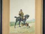 painting of a man riding a horse with two dogs on the side of the road