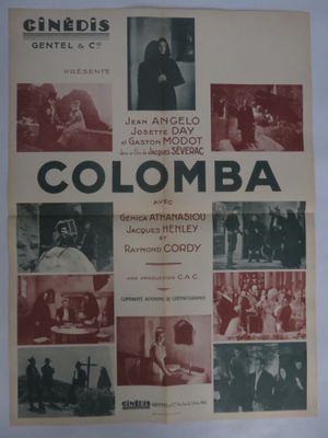 une vieille affiche de cinéma représentant une « colomba » avec de nombreuses photos de personnes