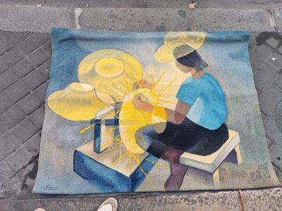 a painting of a man sitting on a bench