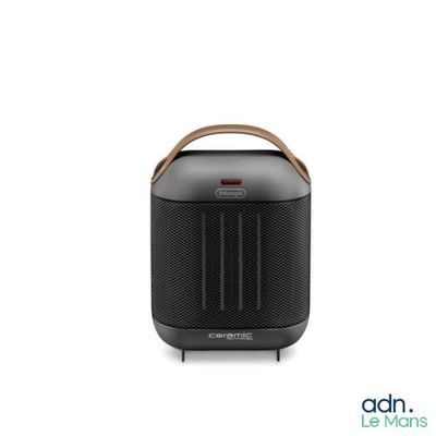 an image of a black portable speaker with a brown handle