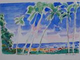 a painting of some palm trees on the beach