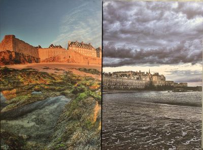 trois photos différentes d'un château sur la plage