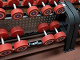 a gym room with a bunch of dumbs on the floor