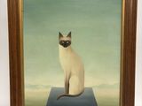 tableau représentant un chat siamois assis sur une table bleue
