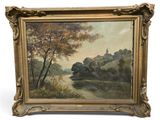 a painting of a landscape with trees and a river in the foreground
