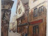 painting of a street scene with people walking down the street