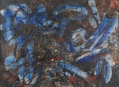 an image of a painting of a blue flower on a black background