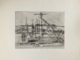 drawing of a boat in a body of water with a lighthouse in the background
