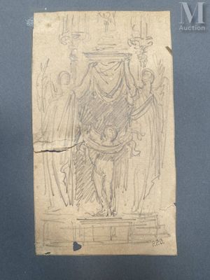 an old drawing of a man holding a sword in his hand