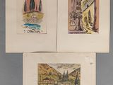 trois cartes postales représentant différents paysages et bâtiments sur un fond bleu