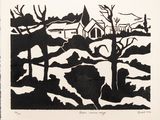 an image of a black and white drawing of a house in the woods