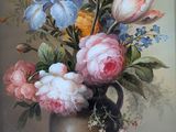 a painting of flowers in a vase on a table
