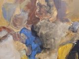 an oil painting of a woman sitting on a couch with a cat