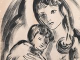 an old drawing of a woman holding a child in her arms